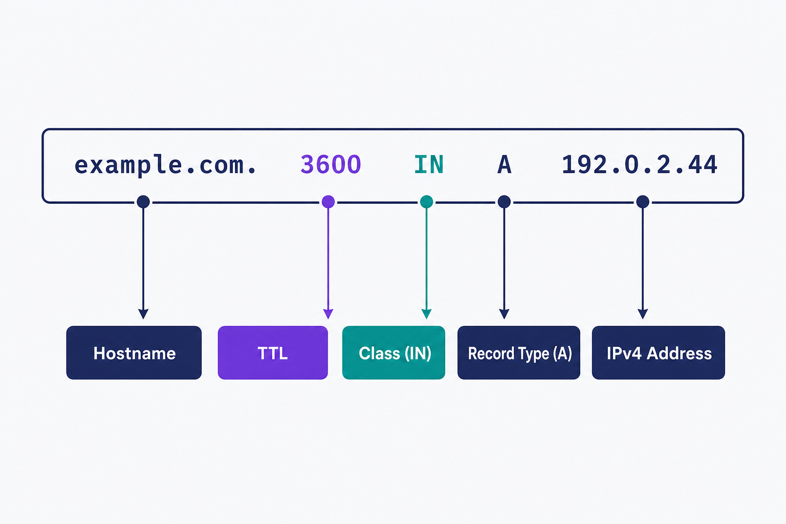 A sample DNS A record in zone-file notation, split into its five parts with each labeled: the hostname the record answers for, the TTL controlling how long resolvers cache the answer, the IN class, the A record type, and the IPv4 address the name resolves to.