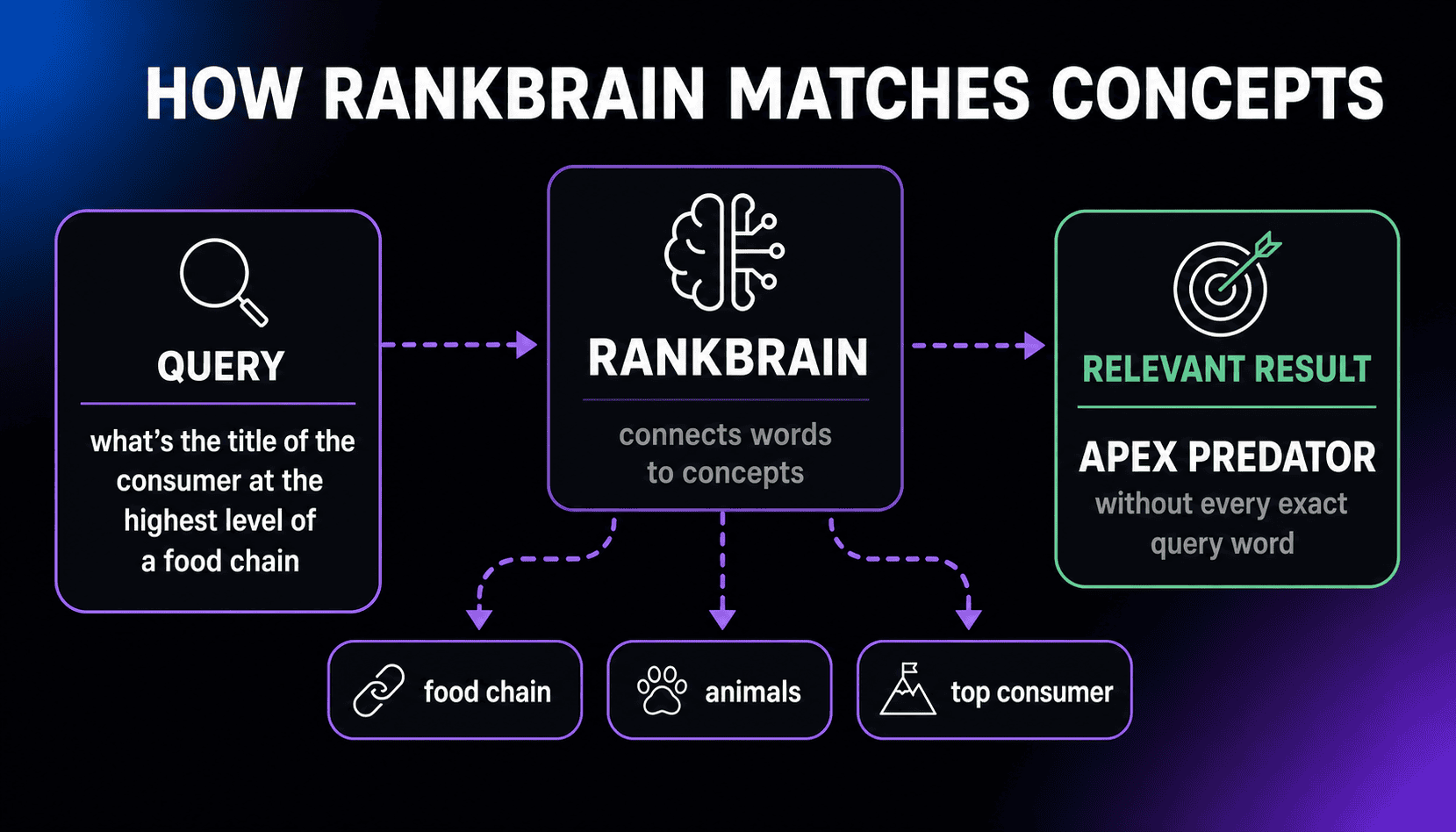 Diagram showing RankBrain connecting the query “what’s the title of the consumer at the highest level of a food chain” with the related concepts food chain, animals, and top consumer to return apex predator without exact-word matching.