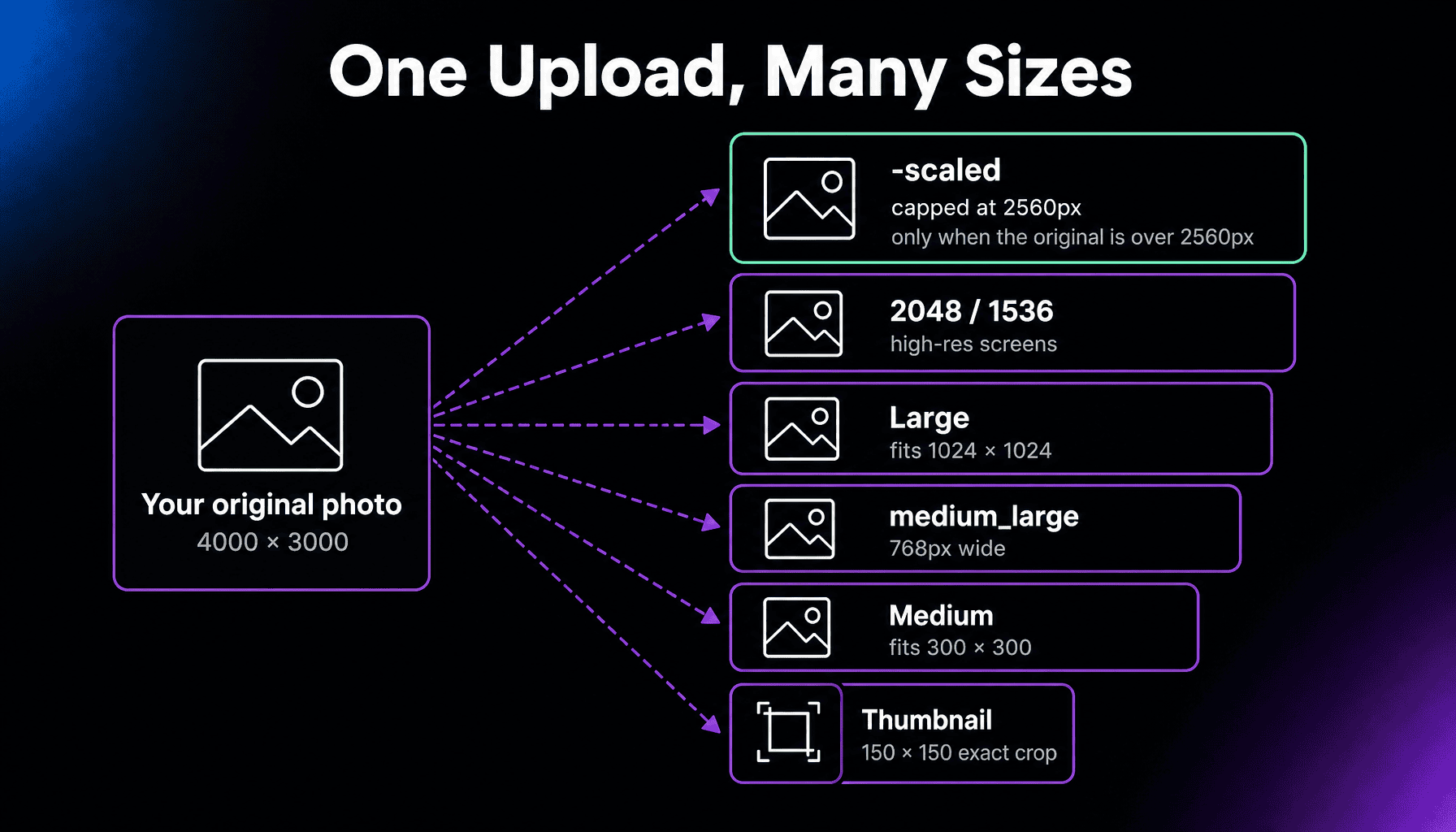 Diagram of the image copies WordPress creates from one 4000 by 3000 upload: a -scaled copy capped at 2560px made only when the original is larger, 2048 and 1536 versions for high-res screens, Large fitting 1024 by 1024, medium_large at 768px wide, Medium fitting 300 by 300, and the 150 by 150 exact-crop Thumbnail.