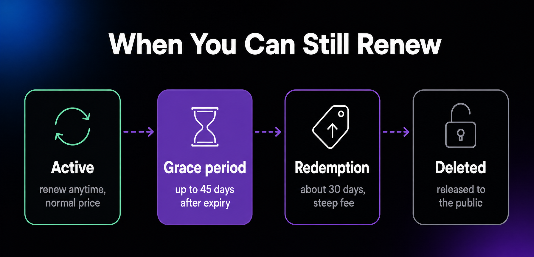 Timeline of when a domain can still be renewed: anytime at the normal price while active, during a grace period of up to 45 days after expiry, then only with a steep redemption fee for about 30 days, until the name is deleted and released.