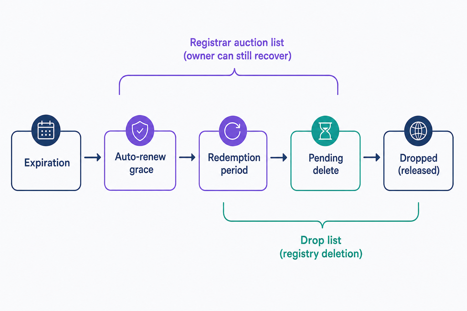 A timeline of a domain's life after expiration, moving through auto-renew grace, redemption period, and pending delete before the name is dropped and released. Brackets show that registrar auction lists cover the earlier grace and redemption phases, while drop lists cover the final redemption and pending-delete phases just before release.