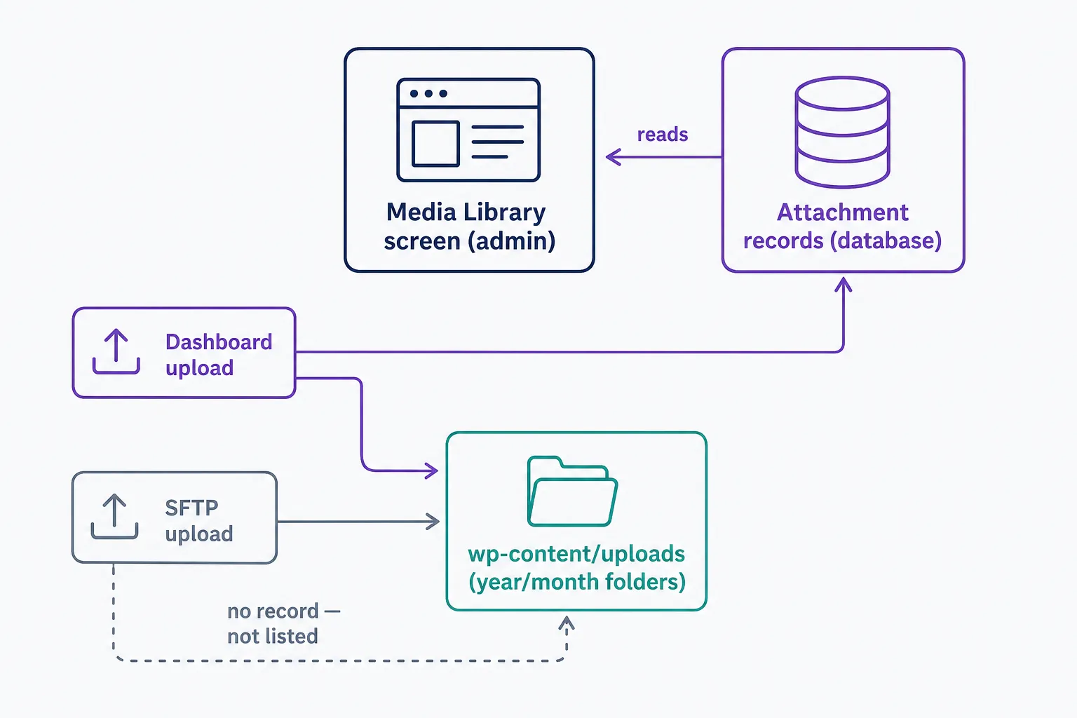 Diagram showing that the WordPress Media Library screen reads attachment records in the database, while the actual files sit in the wp-content/uploads folder. A dashboard upload creates both the file and its database record, but an SFTP upload only places the file on the server, so it never appears in the library.