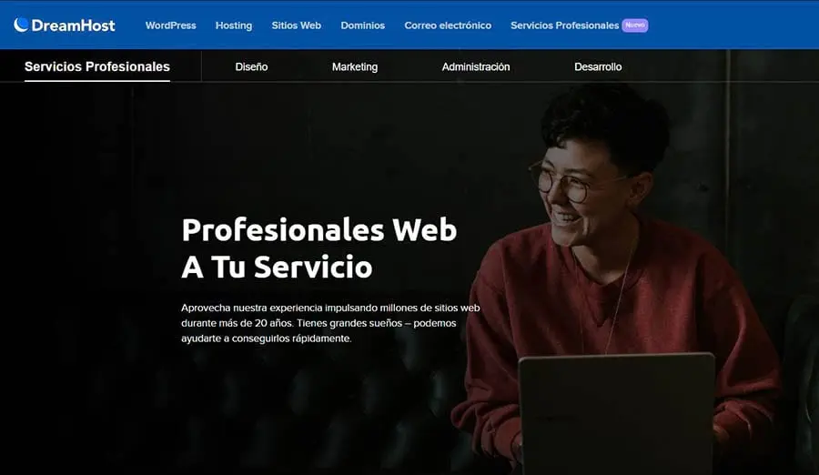 Página de inicio de Servicios Profesionales de DreamHost