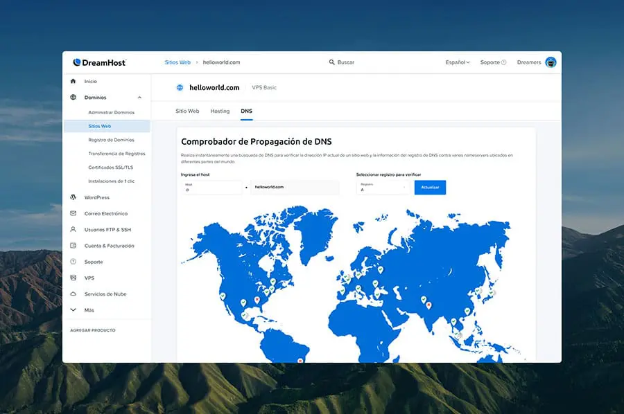El rastreador de propagación de DNS en el panel de control de Dreamhost.