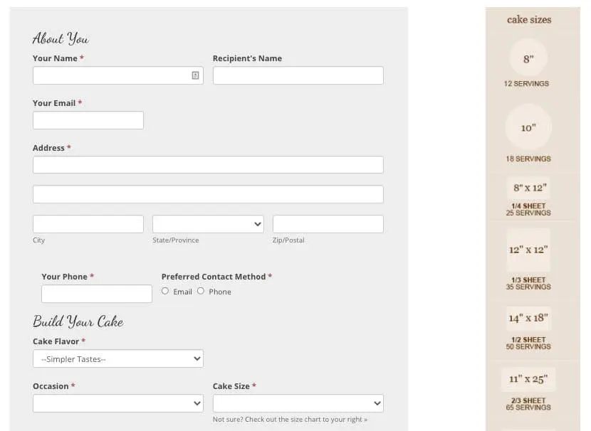 JCakes online ordering form for custom cakes.
