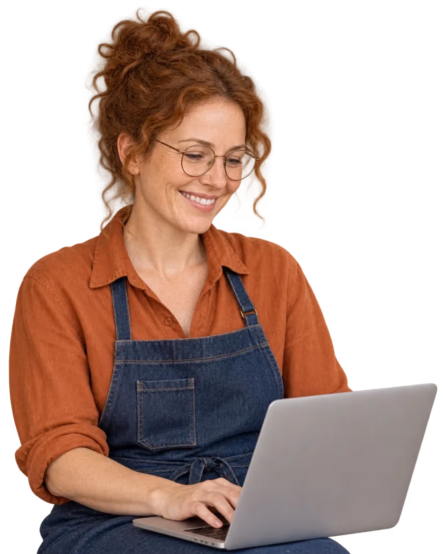 Illustrative website visitor with auburn curls and glasses smiling at her laptop