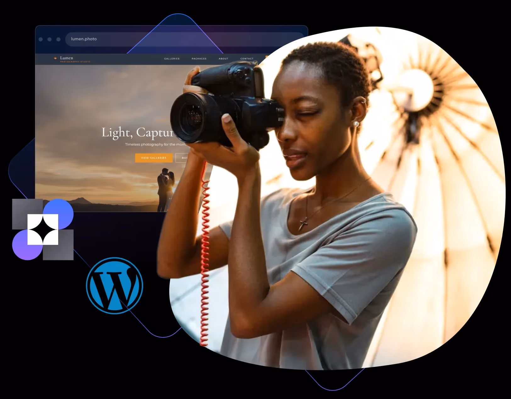 Creador fotografiando junto a un sitio web construido con DreamHost