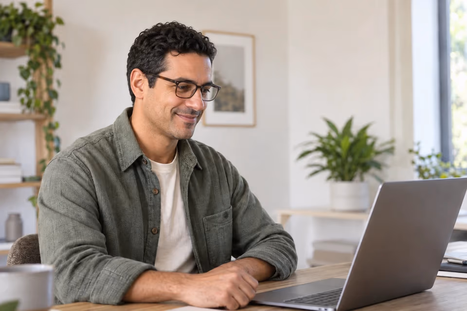 Ilustración de un profesional web con lentes que mira su laptop en un espacio de trabajo luminoso