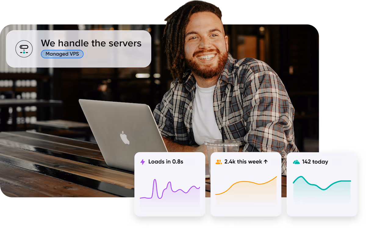 Person smiling at a laptop, with Managed VPS Hosting performance stats