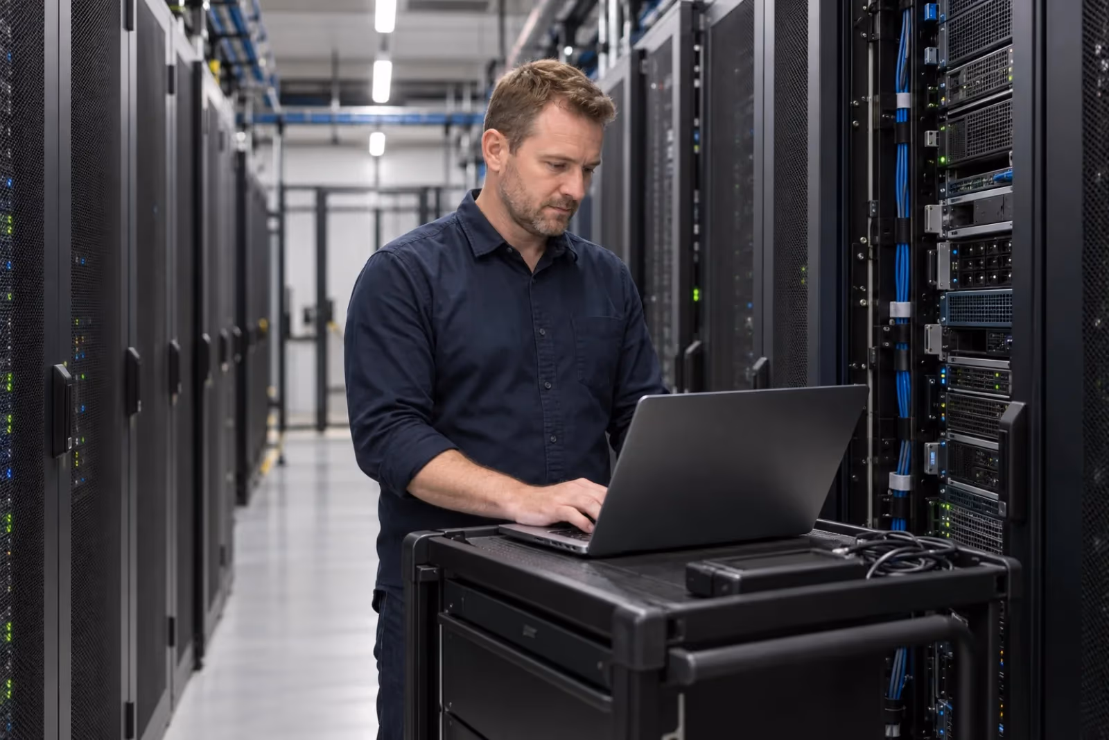 Unnamed illustrative hosting professional working in a data center