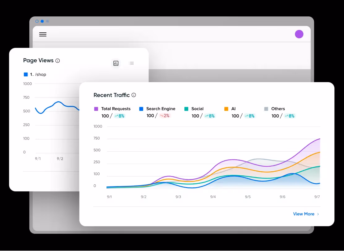 Managed VPS Hosting dashboards showing page views and recent traffic