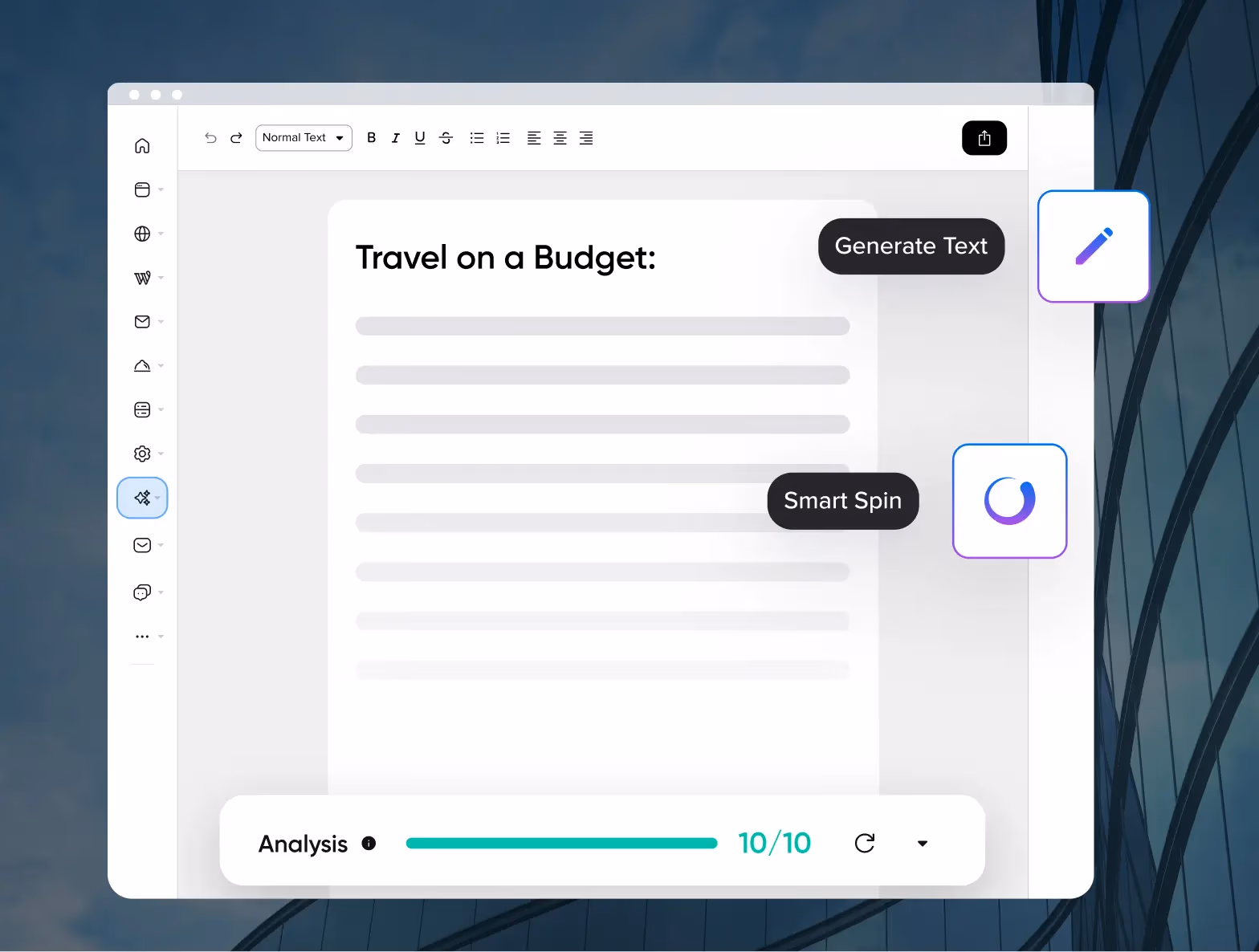 Interface do Gerador de Conteúdo DreamHost com ferramentas de escrita e edição
