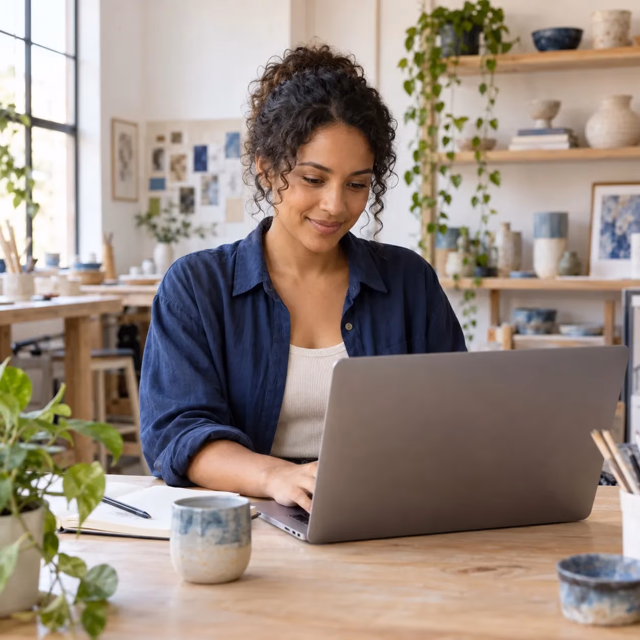Foto ilustrativa de uma proprietária de empresa independente trabalhando no seu laptop em um estúdio criativo