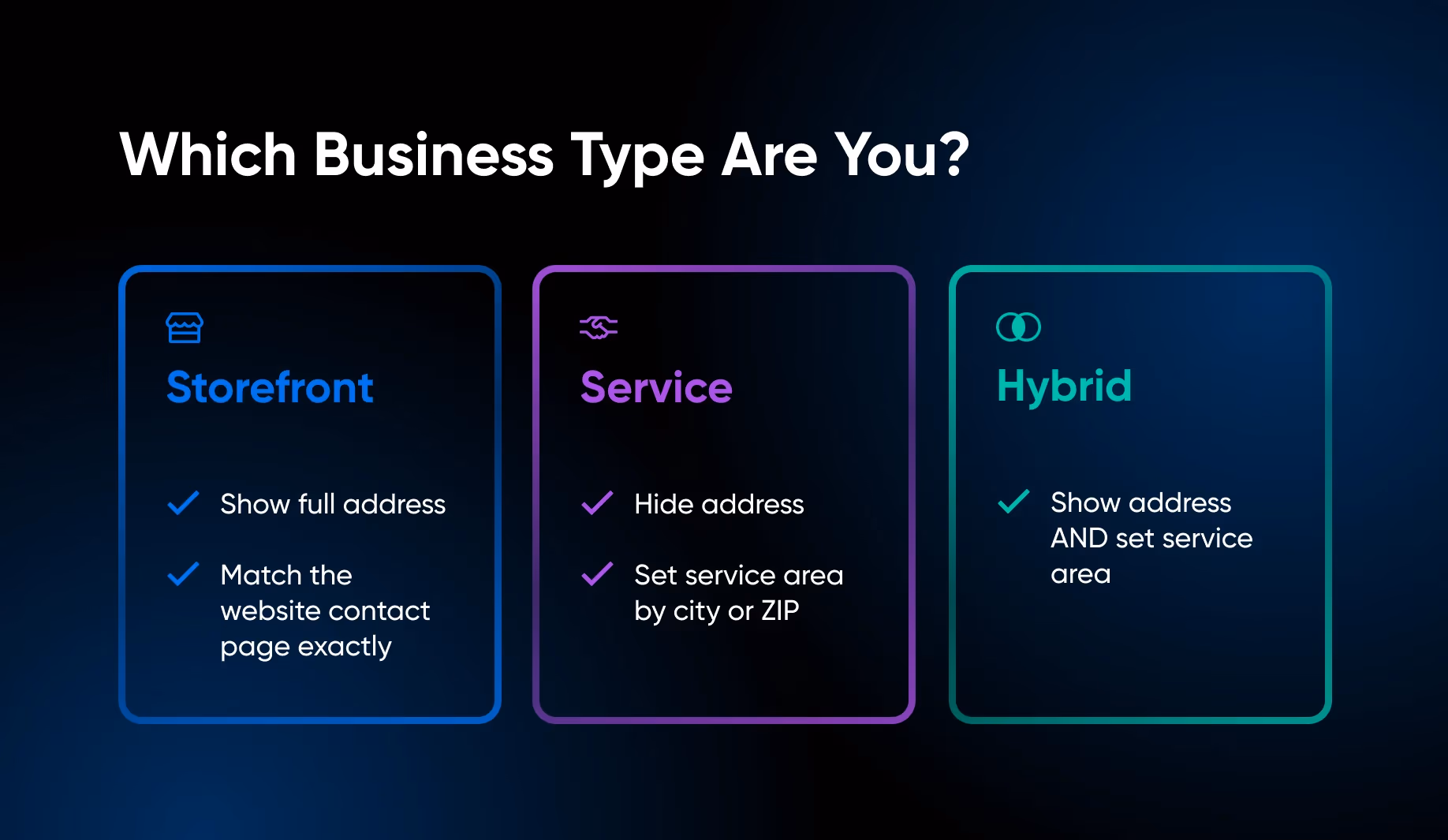 Which business type are you: storefront, service-area, or hybrid