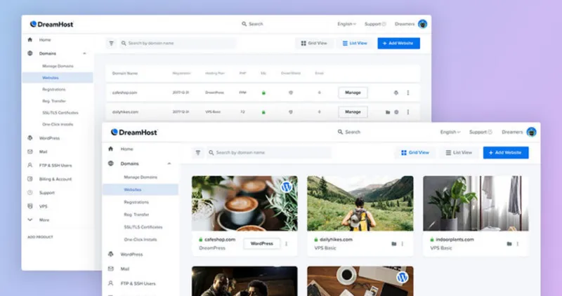 DreamHost control panel for WordPress hosting customers