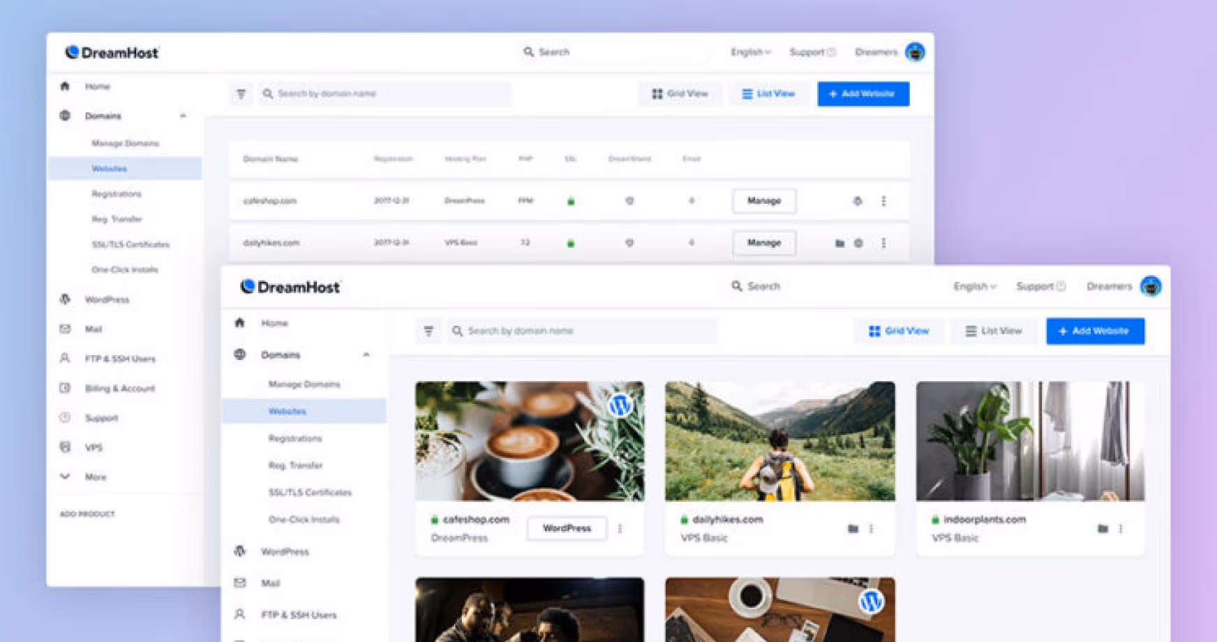 DreamHost control panel for WordPress hosting customers