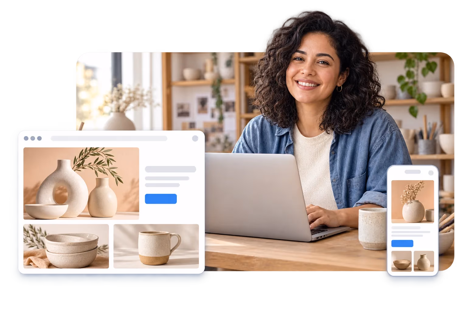 An illustrative creator working on her WordPress ceramics website