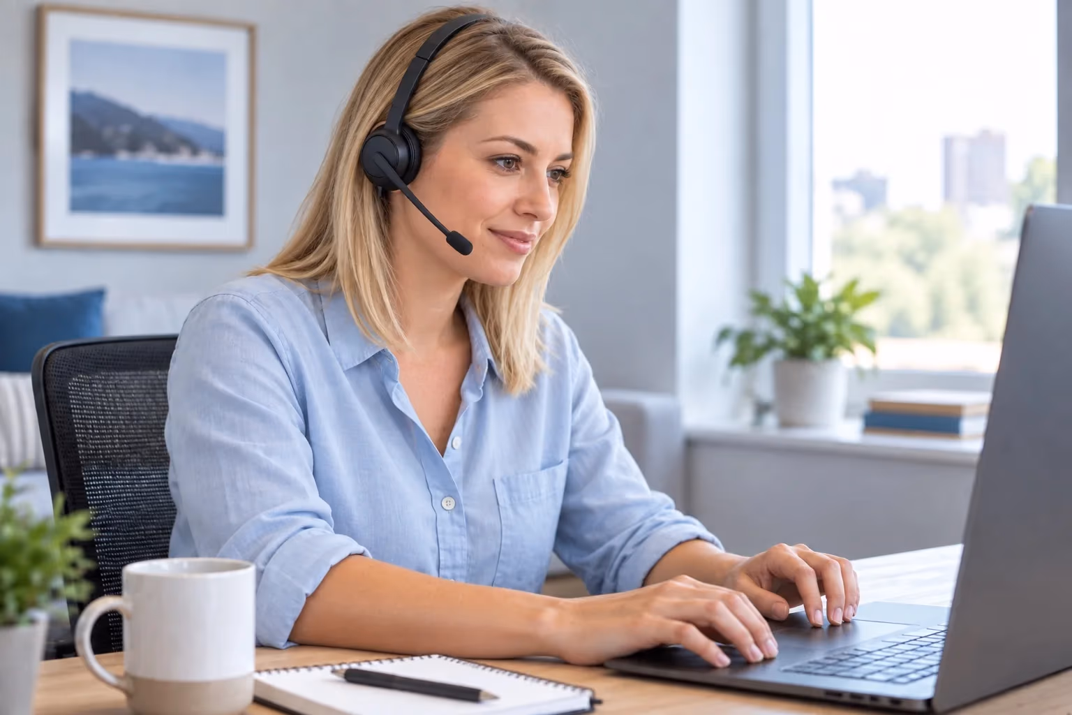 Illustrative support professional focused on helping at a laptop